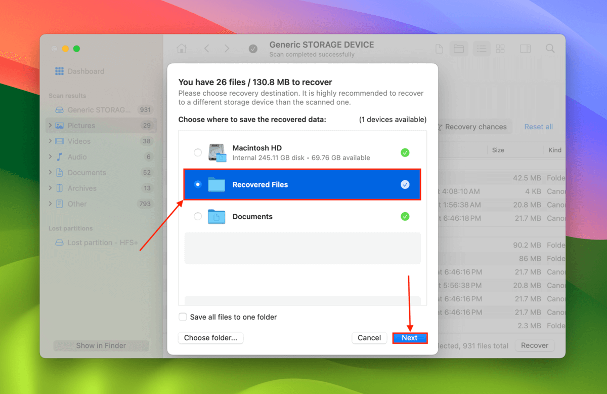 Disk Drill destination selection menu