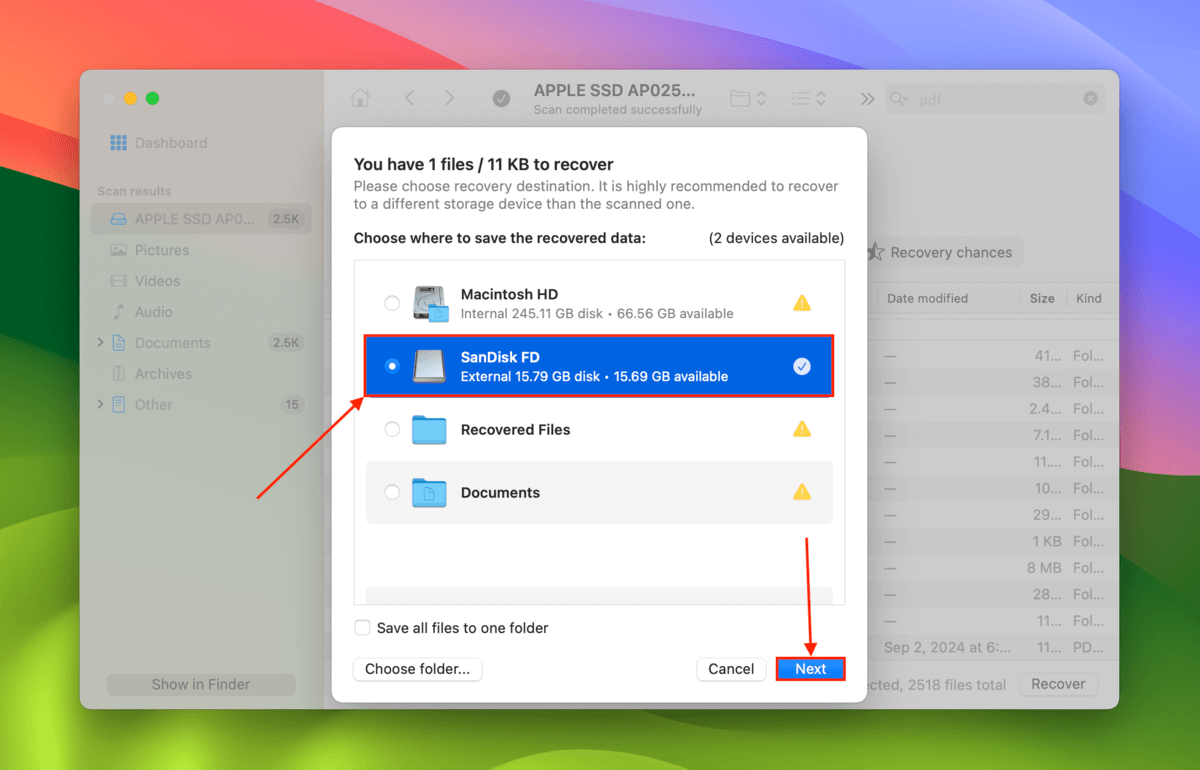 Disk Drill destination selection menu