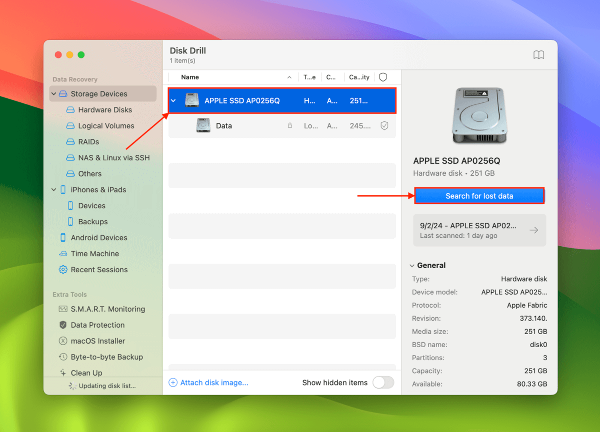 Disk Drill source selection menu