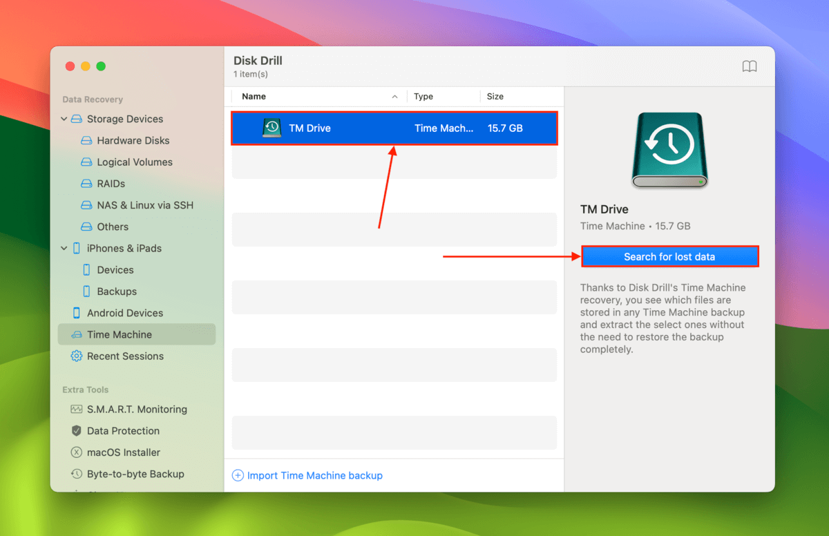 Time Machine backup disk in Disk Drill's source selection menu