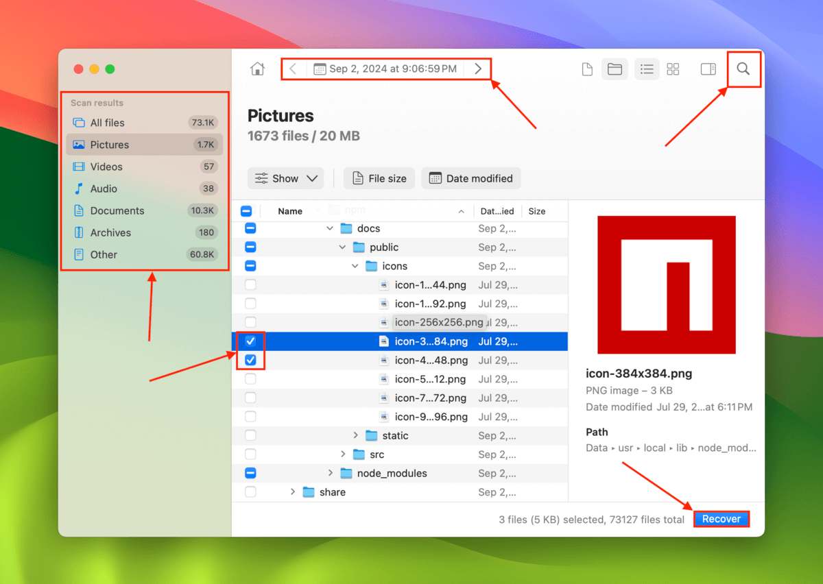 Disk Drill file browsing menu for Time Machine backup Disk