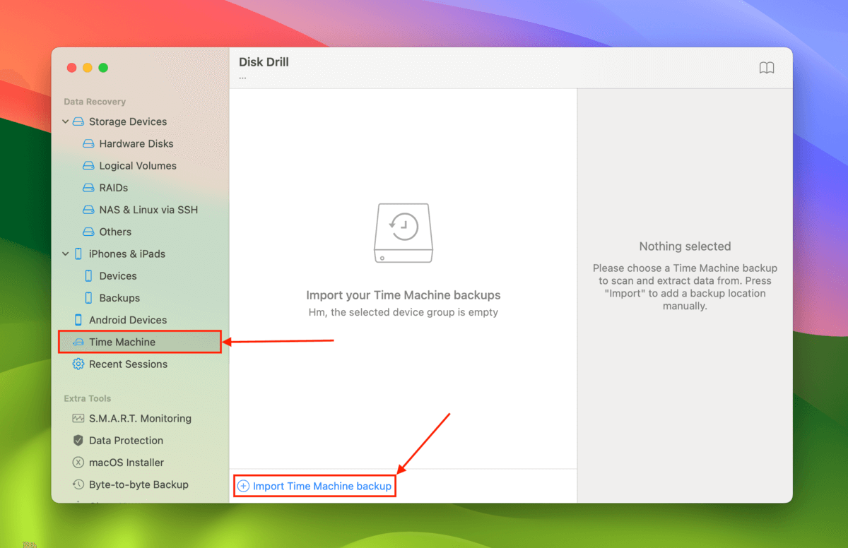 Import Time Machine backup in Disk Drill's main menu