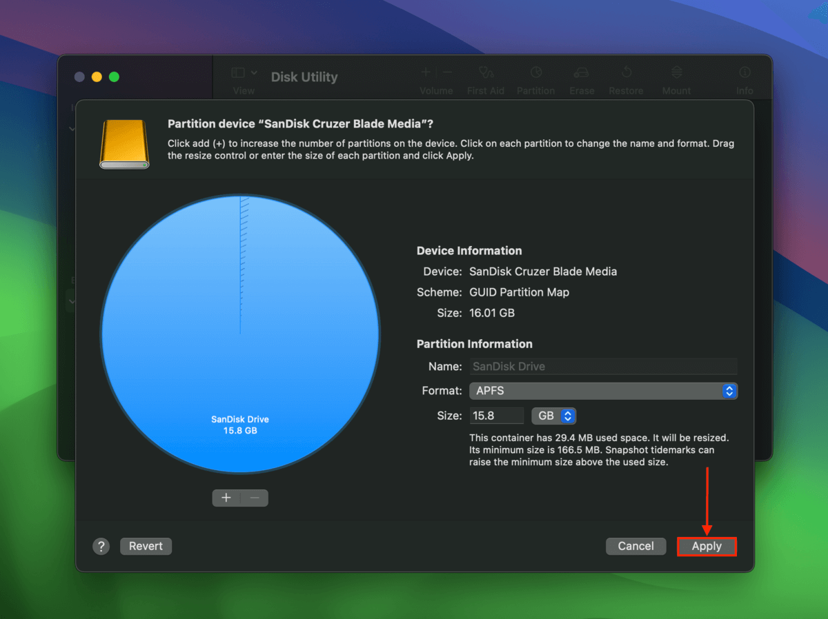 Apply changes button in Disk Utility's partition tool