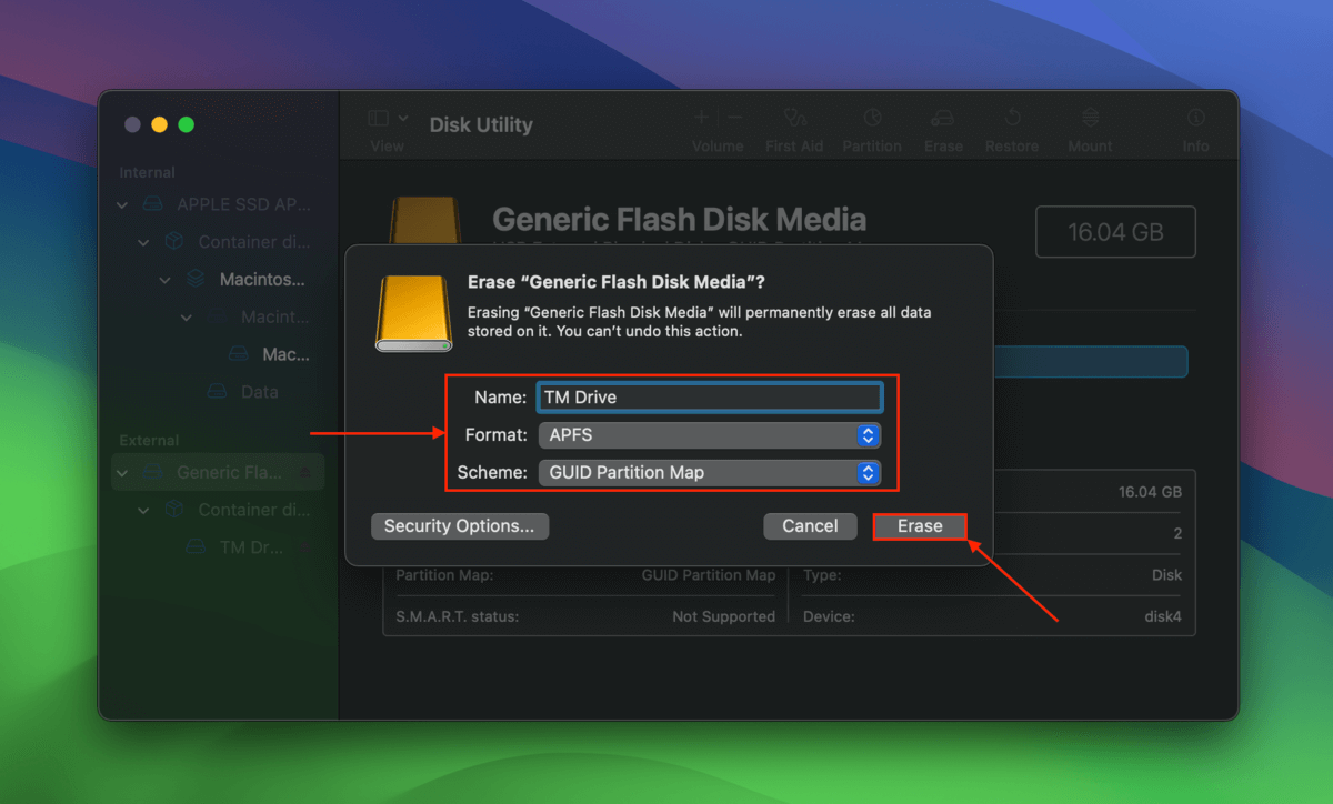 Erase tool dialogue menu in Disk Utility