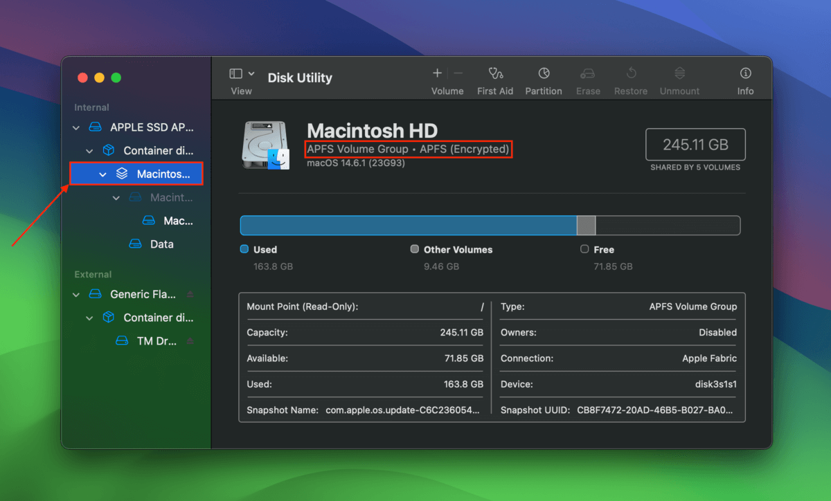 Macintosh HD information in Disk Utility