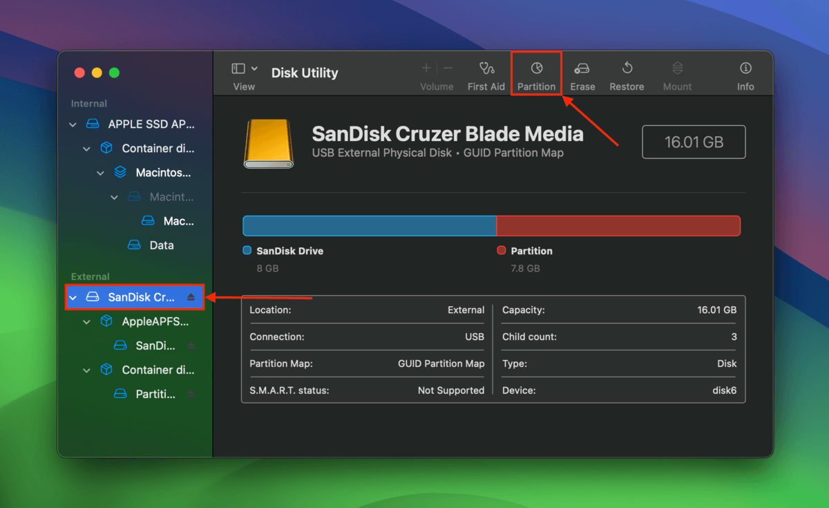 Partition button in the Disk Utility app