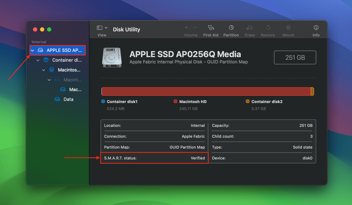 SMART log reading in the Disk Utility app