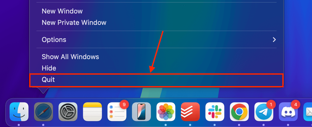 Quit button for app on dock