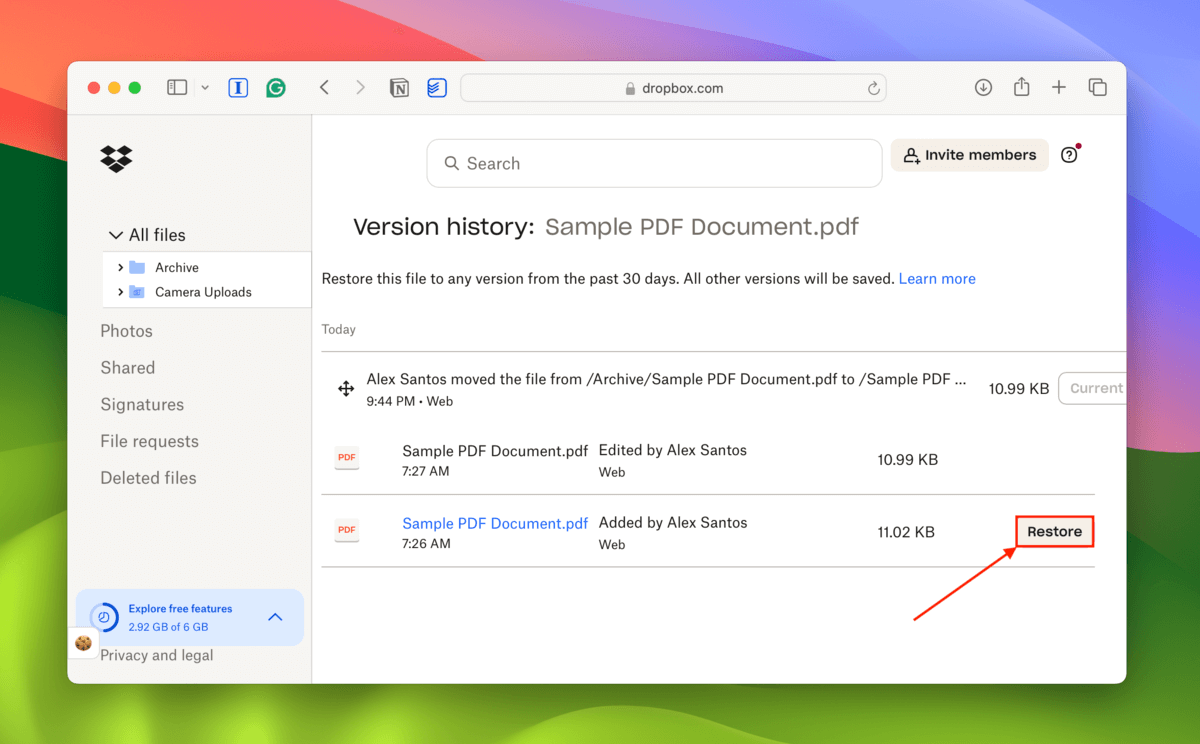 Dropbox version history restoration menu