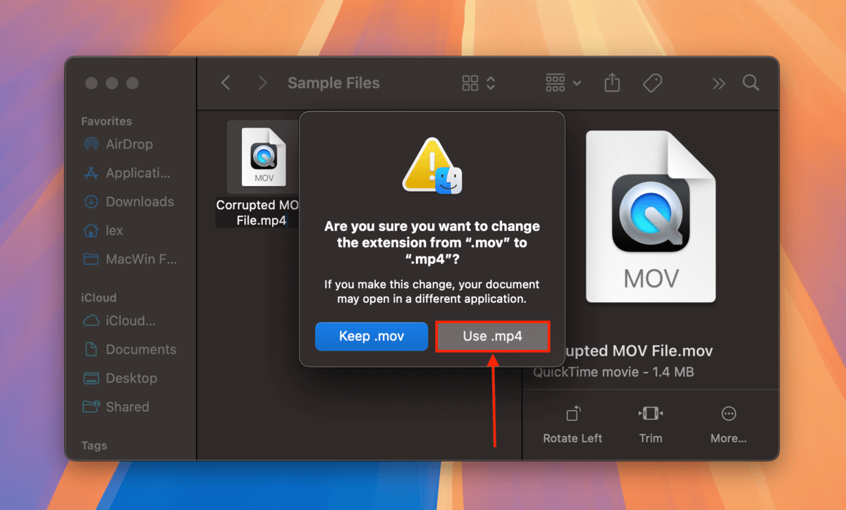 Extension replacement warning dialogue in Finder