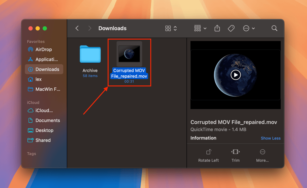 MOV file in Finder after being repaired by Clever Video Repair Tool