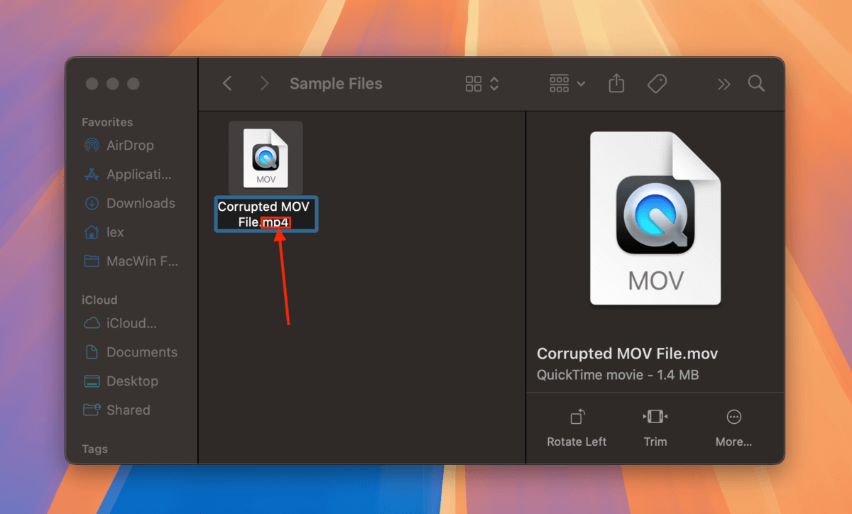 File extension modification of a corrupt MOV file in Finder