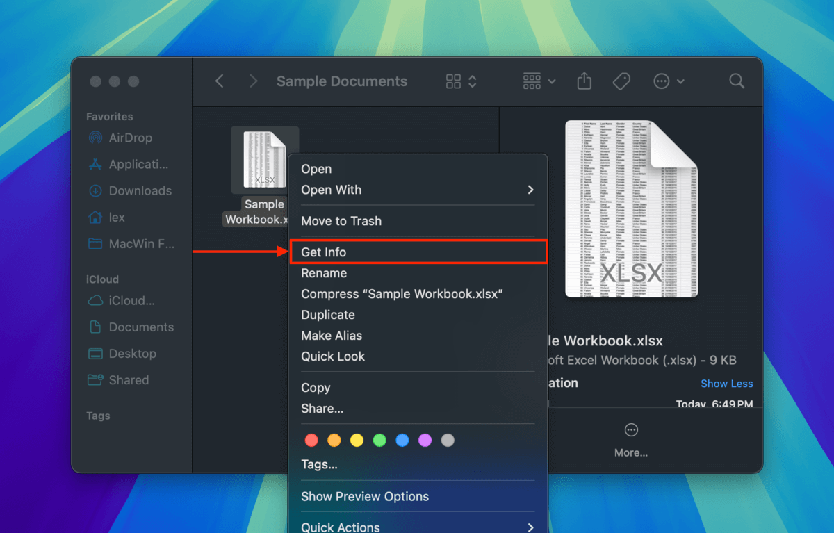 Get Info button in Finder right-click menu on Excel workbook