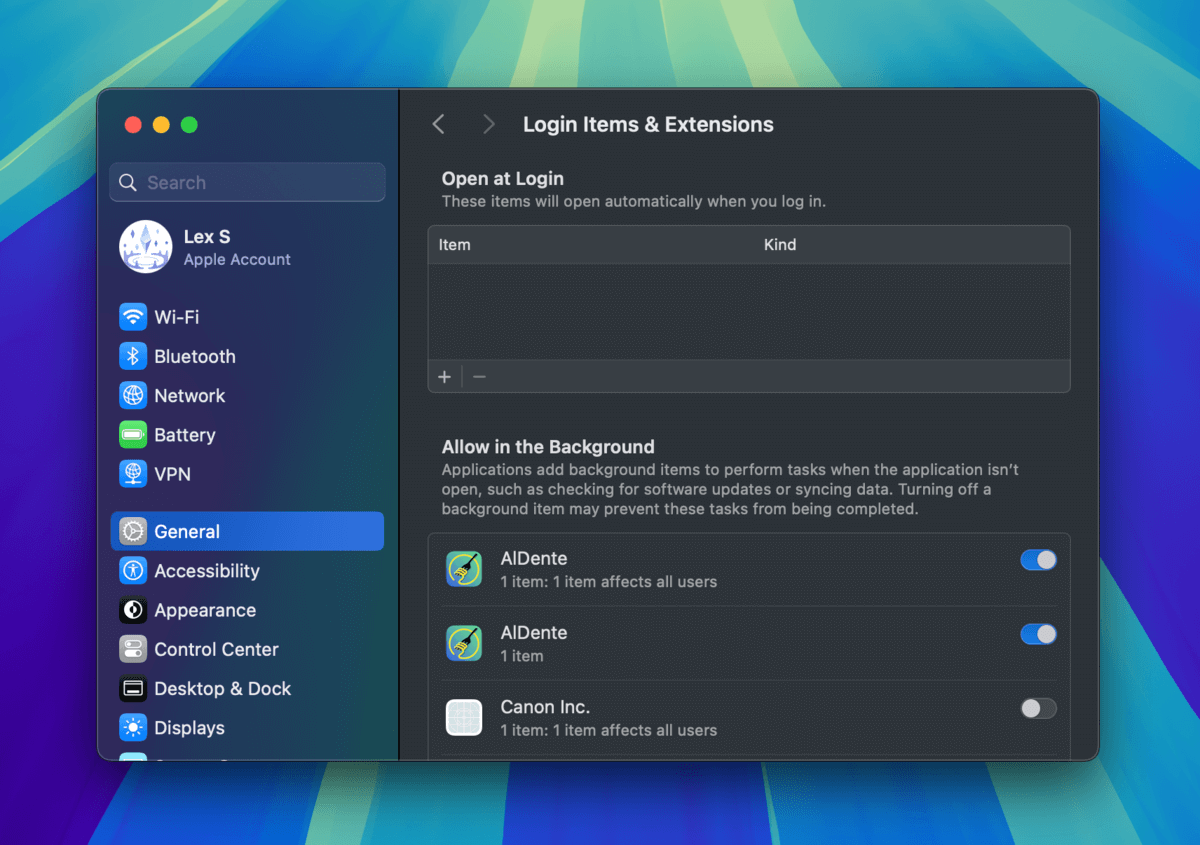 Login Items & Extensions menu in macOS settings