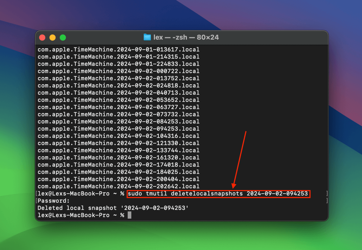 Delete local snapshots Terminal command