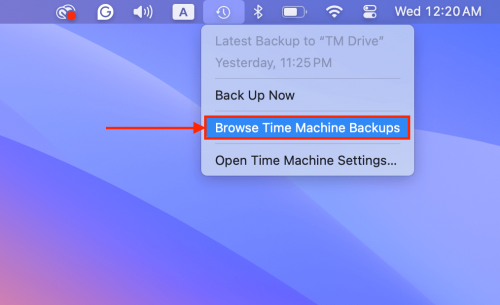 Browse Time Machine Backups button in the Time Machine menu