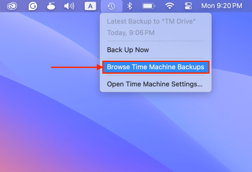 Browse Time Machine Backups button in the Time Machine menu