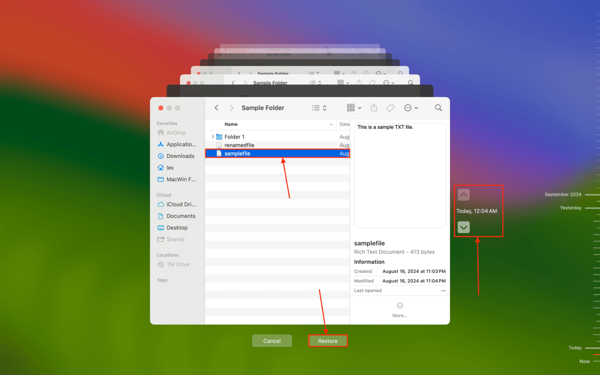 Time Machine menu focusing on the original folder of the trashed file