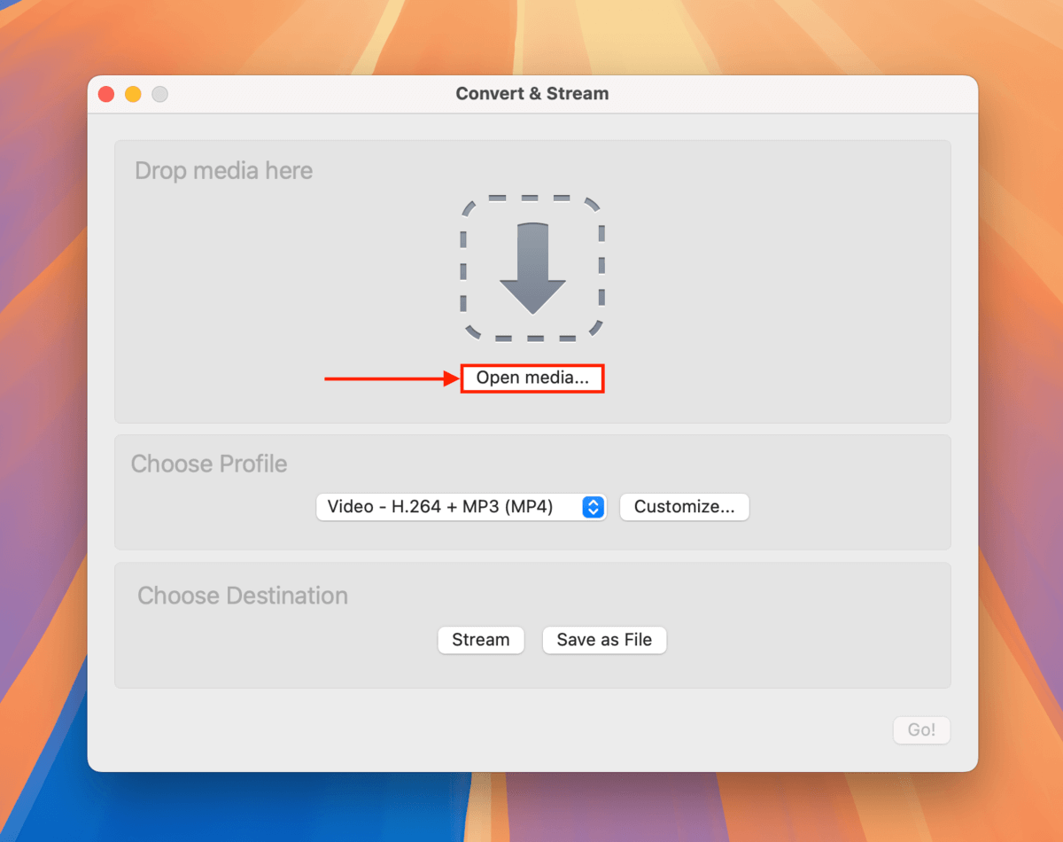 Open media button in the Convert & Stream menu in VLC Media Player