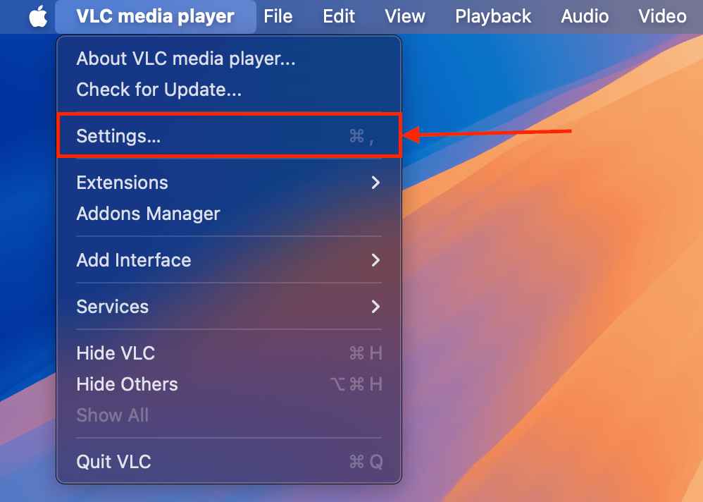 Settings button in the VLC media player menu