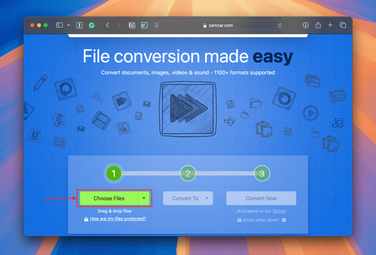 Choose Files button in Zamzar's main page