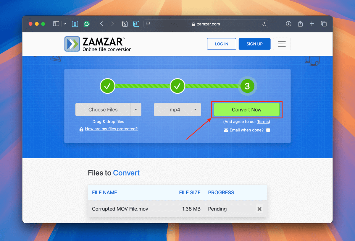 Convert Now button in Zamzar's main page