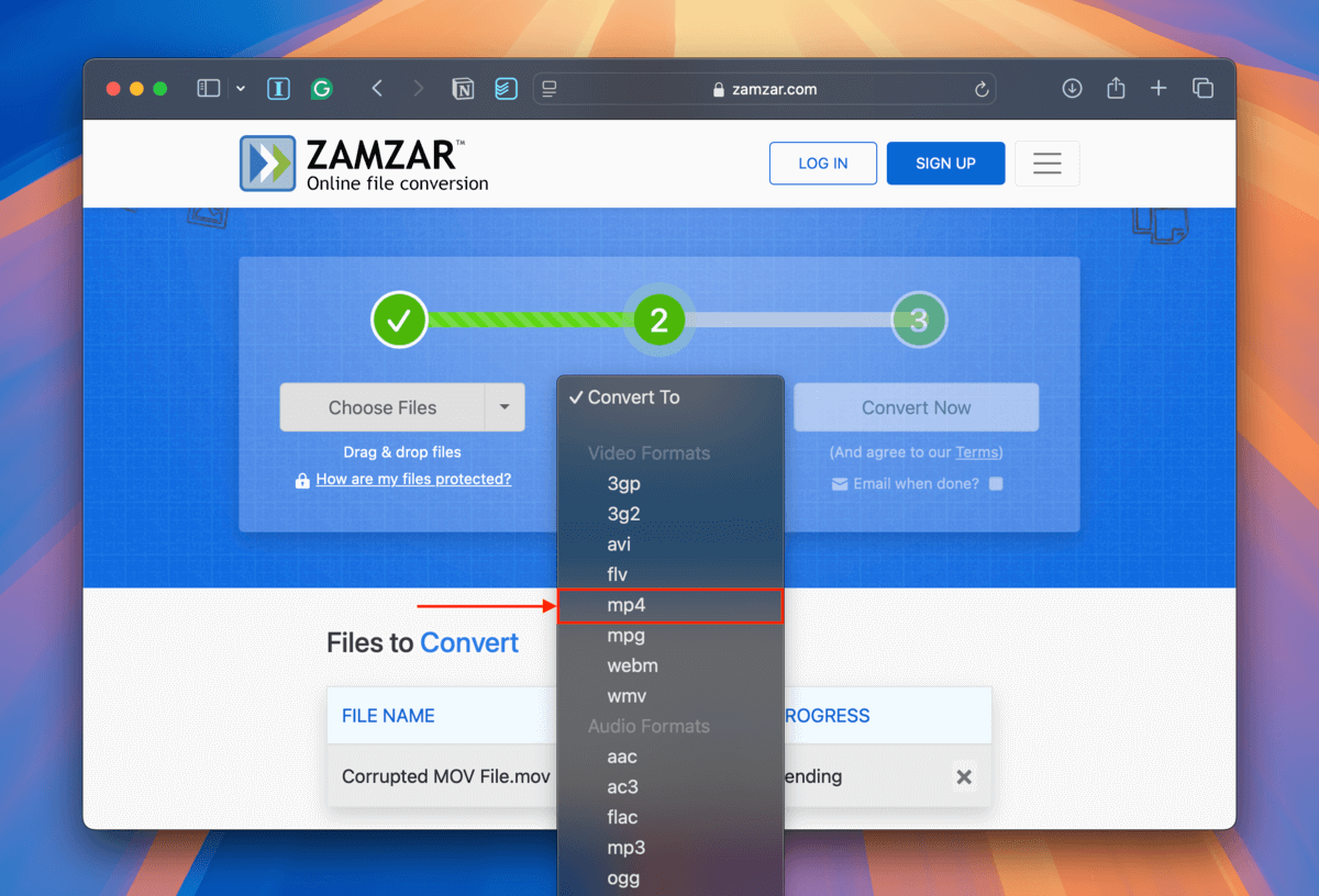 Convert To dropdown menu in Zamzar's main page