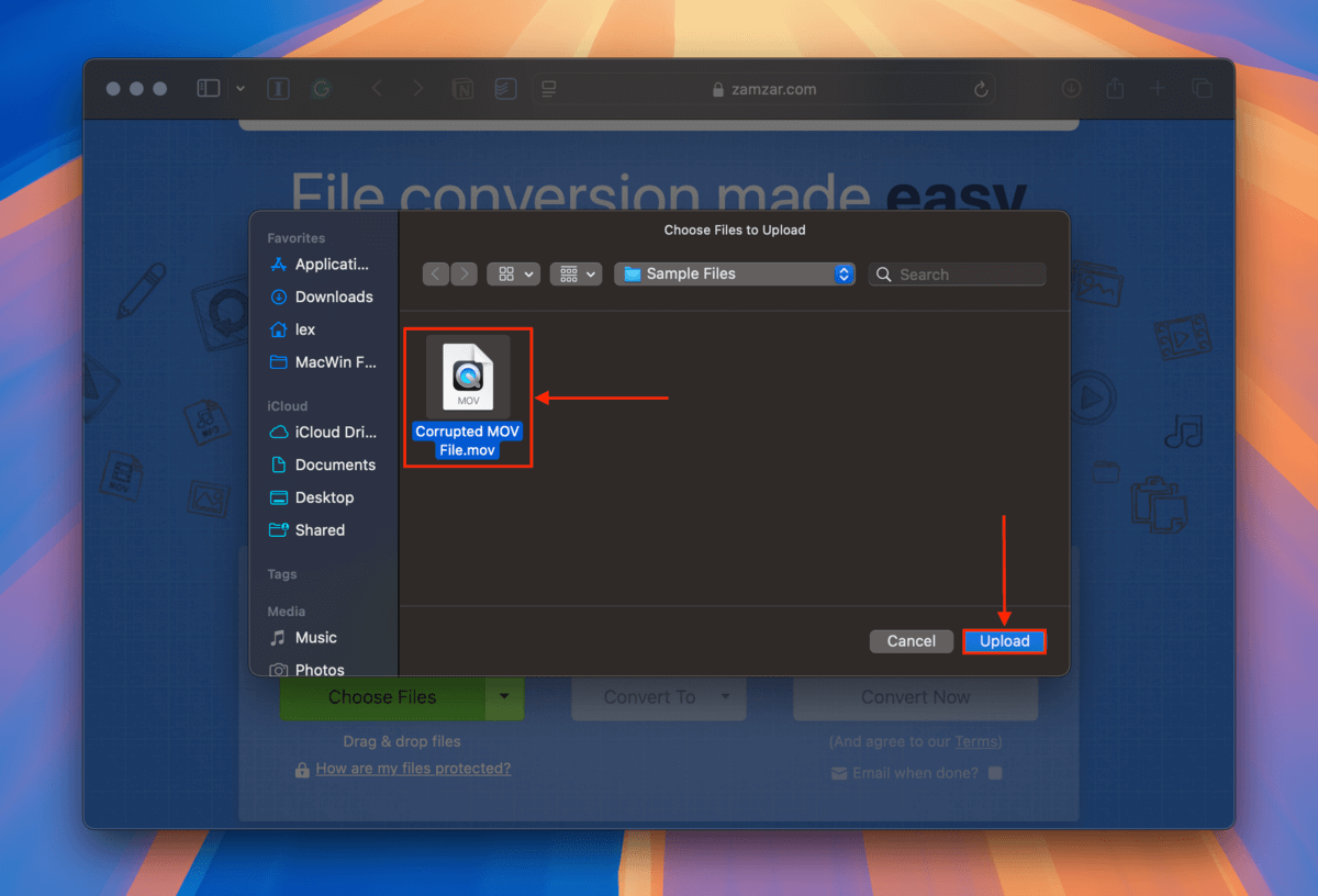 Zamzar file selection dialogue window