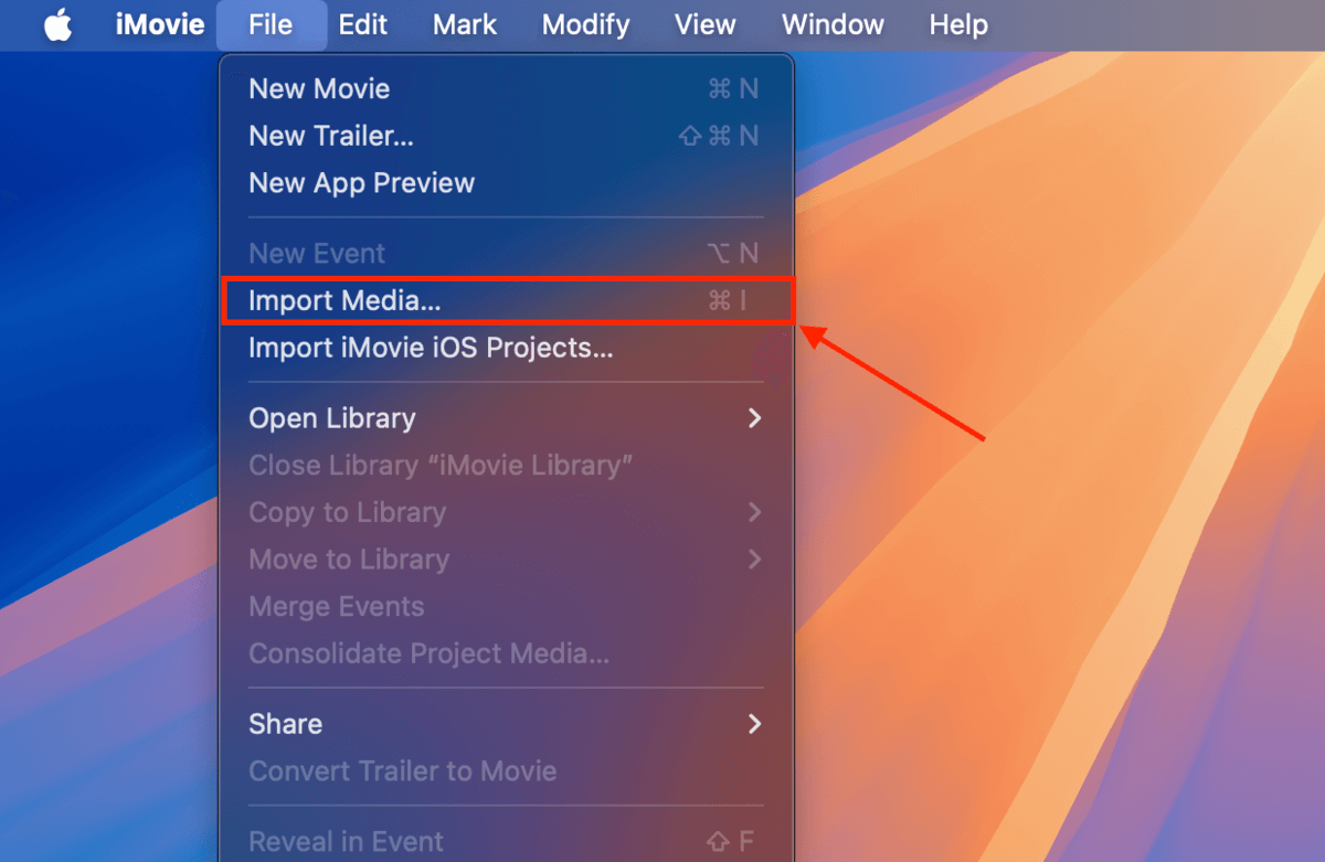 Import Media button in iMovie's File menu