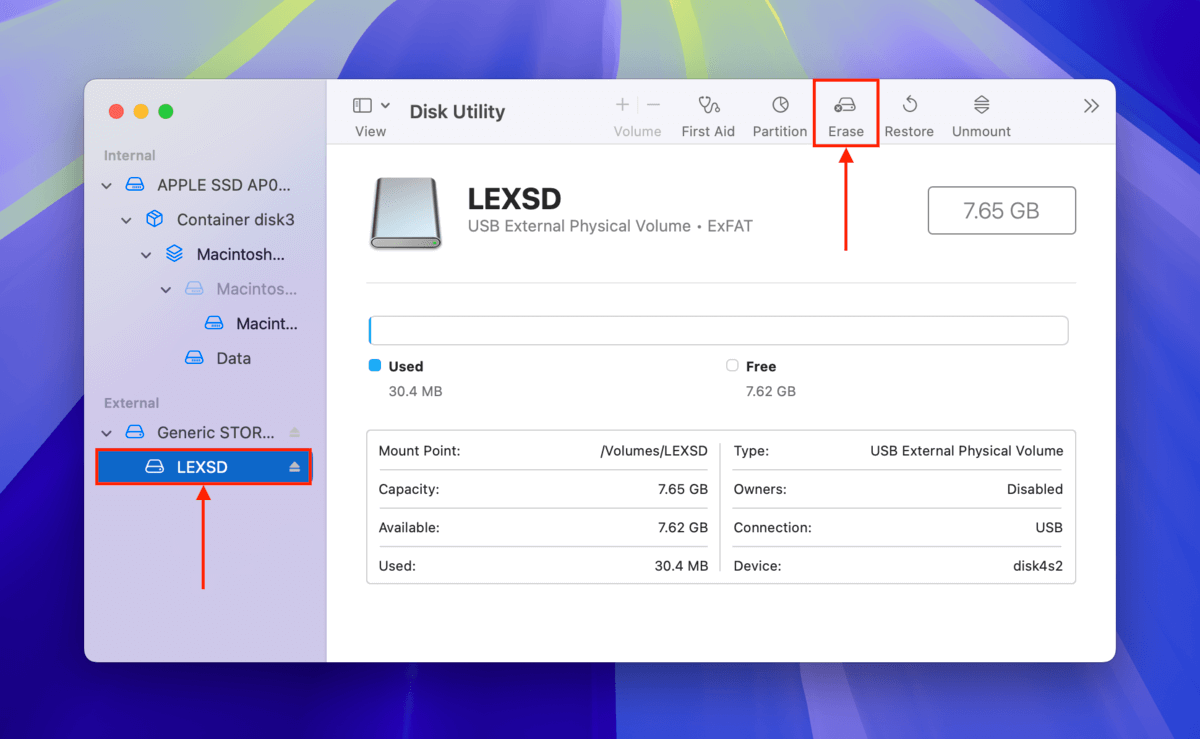 Erase button in Disk Utility