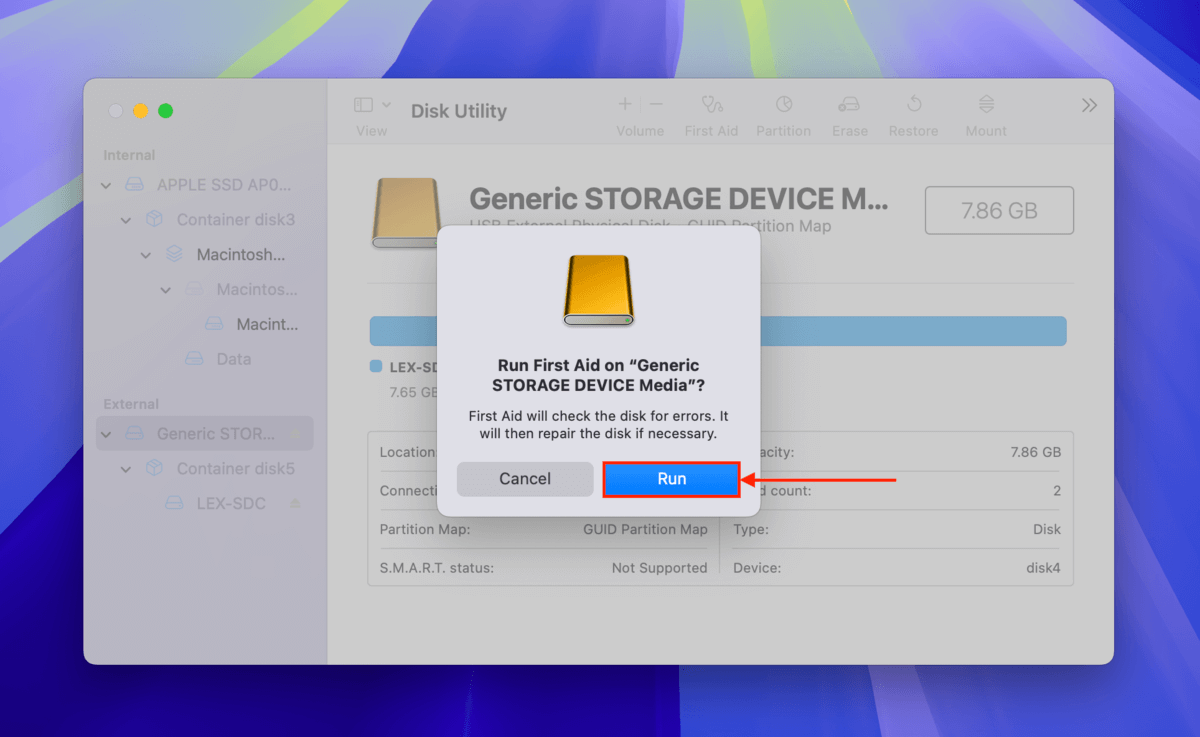 First Aid confirmation dialogue in Disk Utility