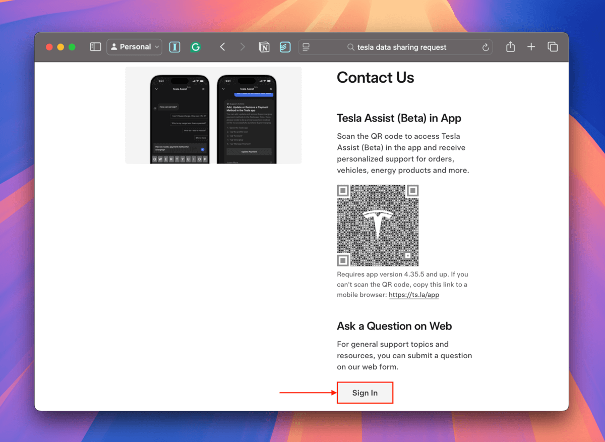 Sign in button in Tesla's Contact Us page