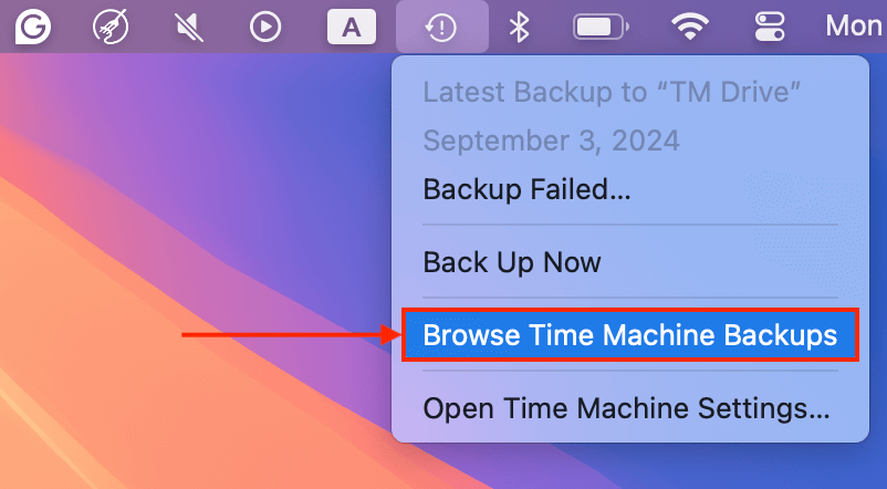 Browse Time Machine Backups button in Time Machine menu