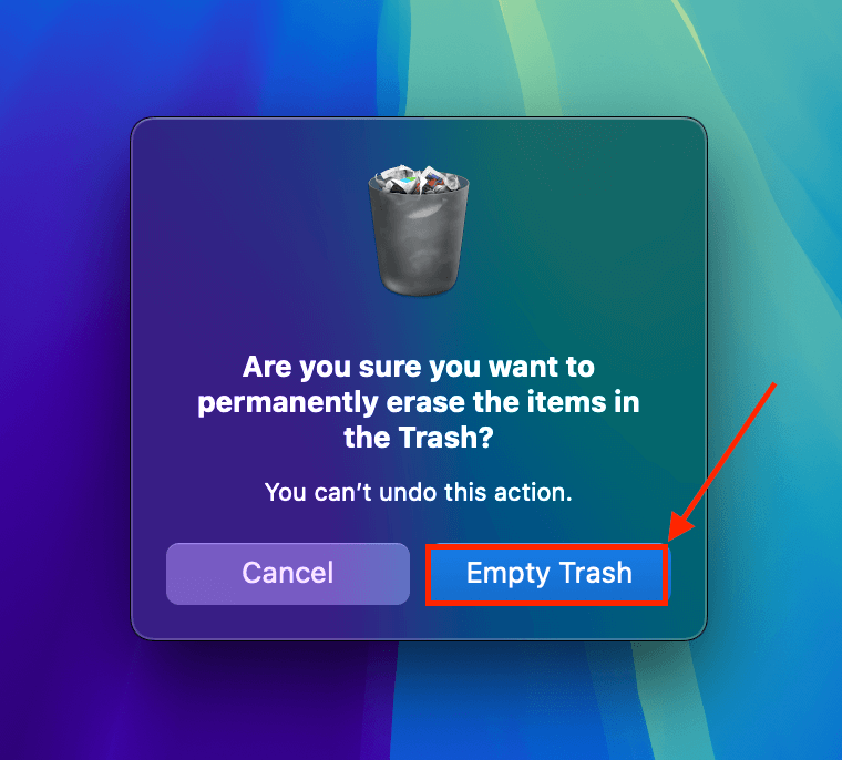 Empty Trash confirmation button in popup dialogue