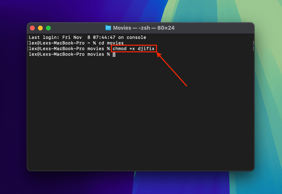 Granting executable permissions to the djifix file using the chmod +x command in Terminal