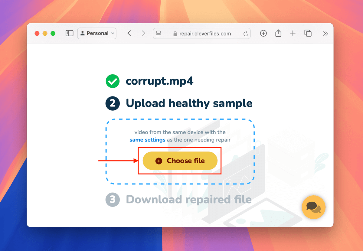 Clever Online Video Repair Choose file button for healthy dashcam video sample