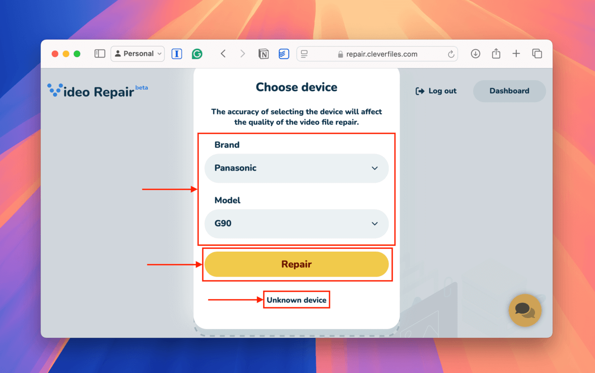 Clever Online Video Repair device brand and model selection window