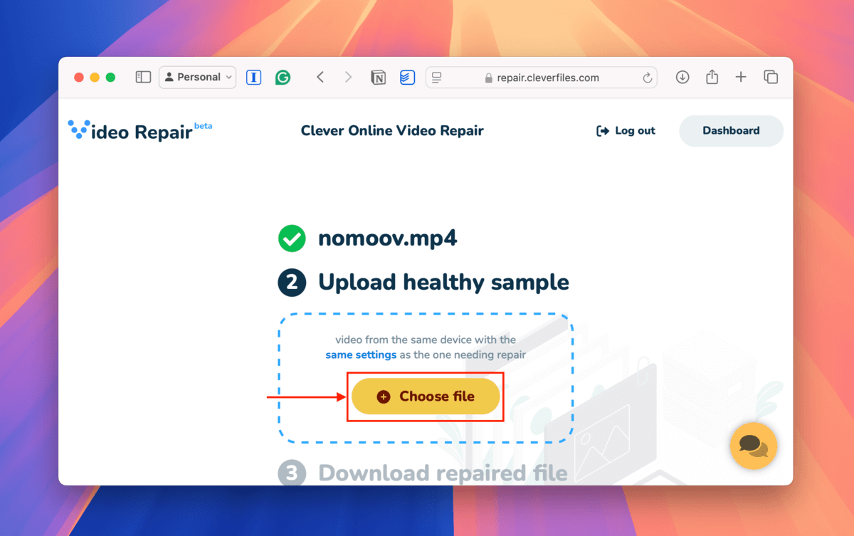 Clever Online Video Repair Choose file button for the healthy moov file sample