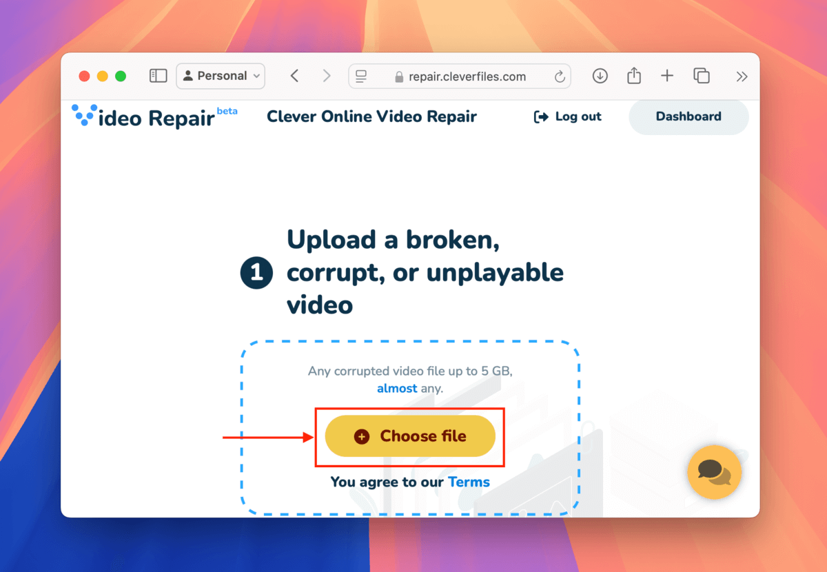 Choose file button in the Clever Online Video Repair web app