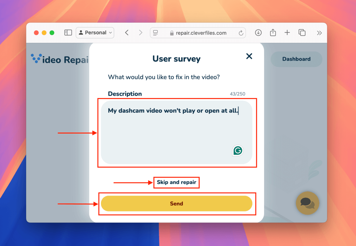 Clever Online Video Repair optional user survey