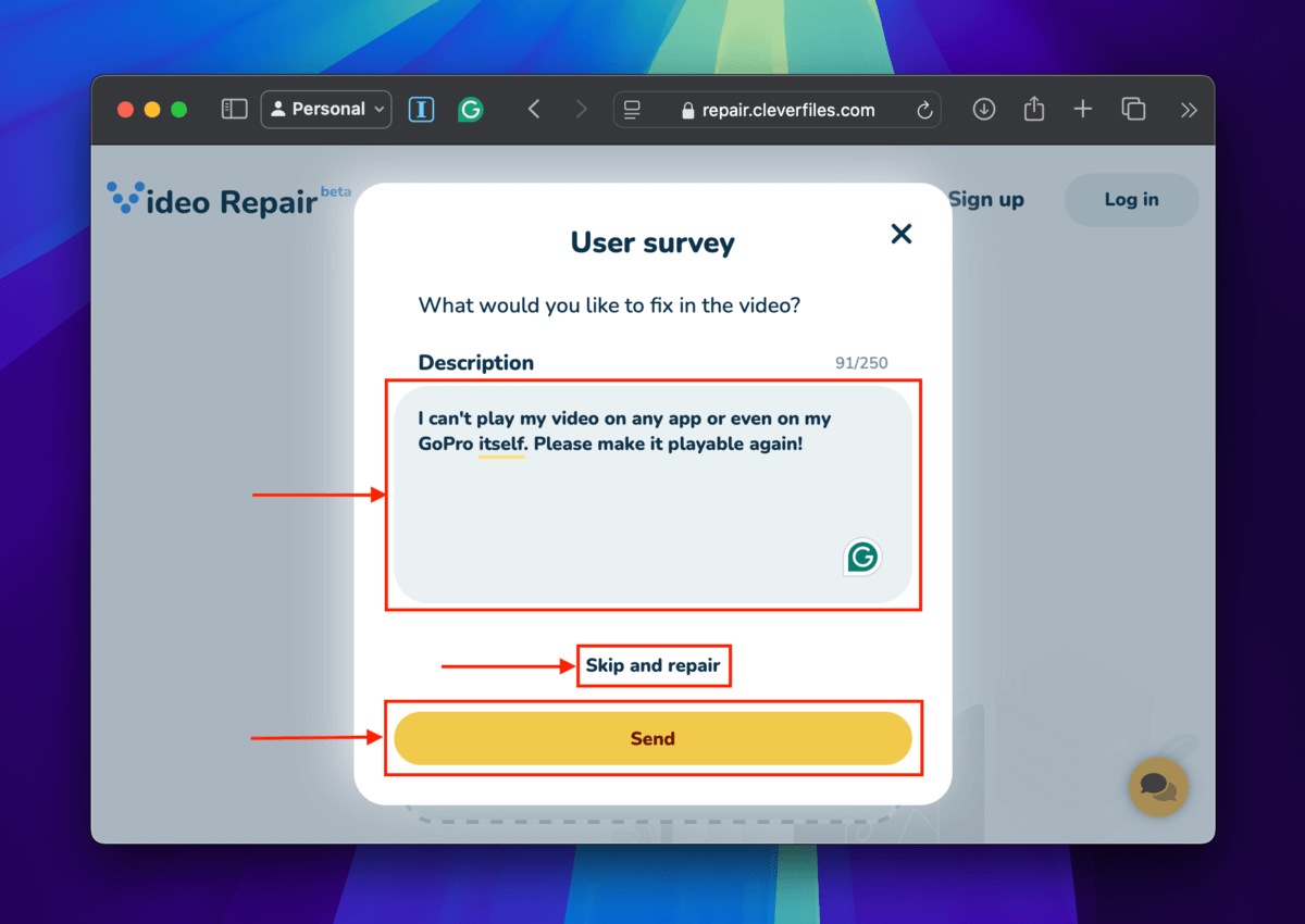 Clever Online Video Repair survey popup