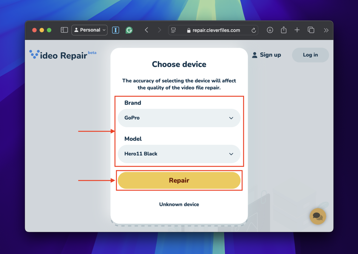 Device selection dialogue in the Clever Online Video Repair