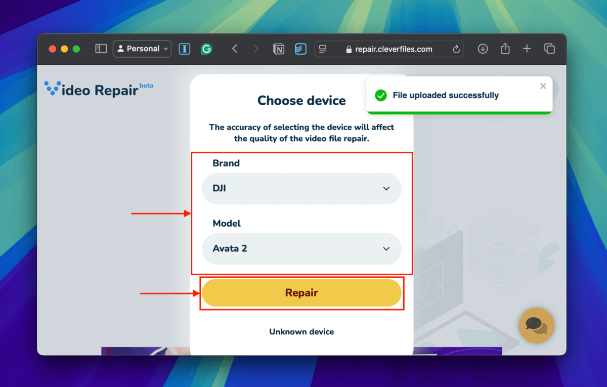 Clever Online Video Repair brand and model selection menu