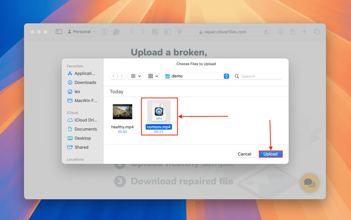 Selecting a Moov file in Clever Online Video Repair's file selection dialogue