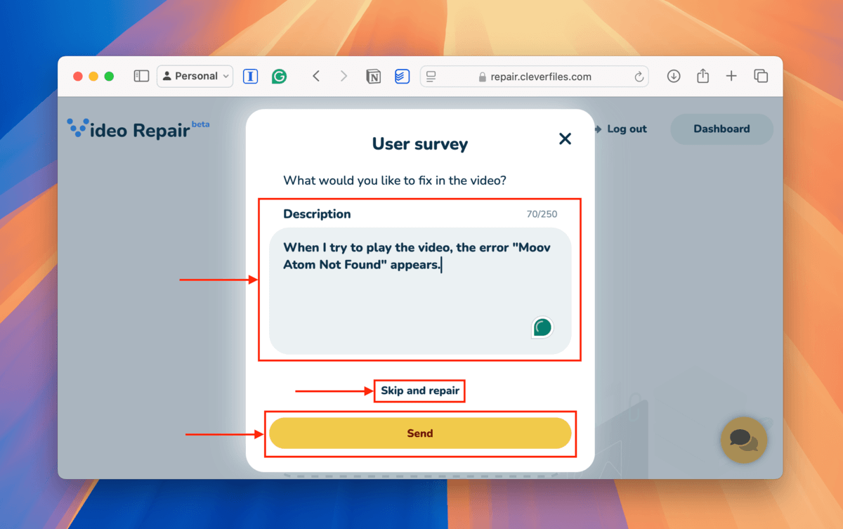 Clever Online Video Repair user survey window