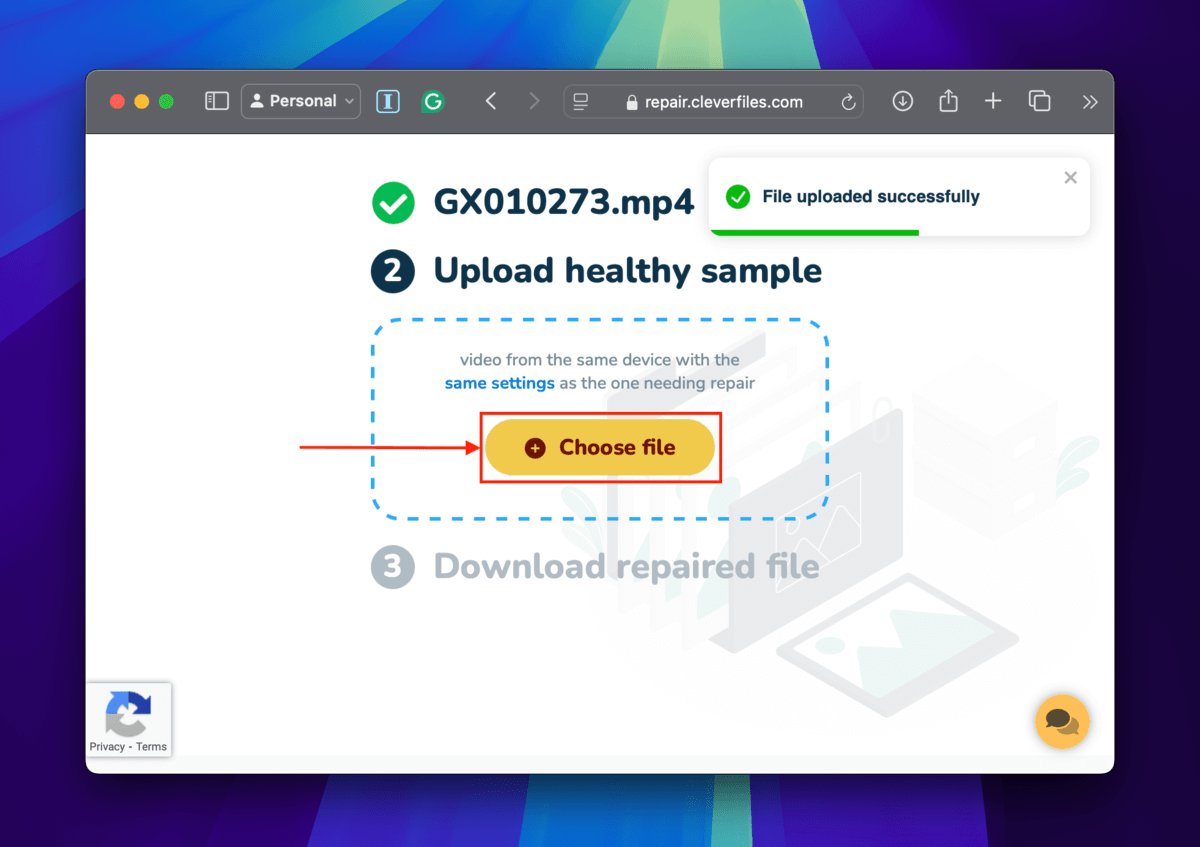 Clever Online Video Repair sample upload button