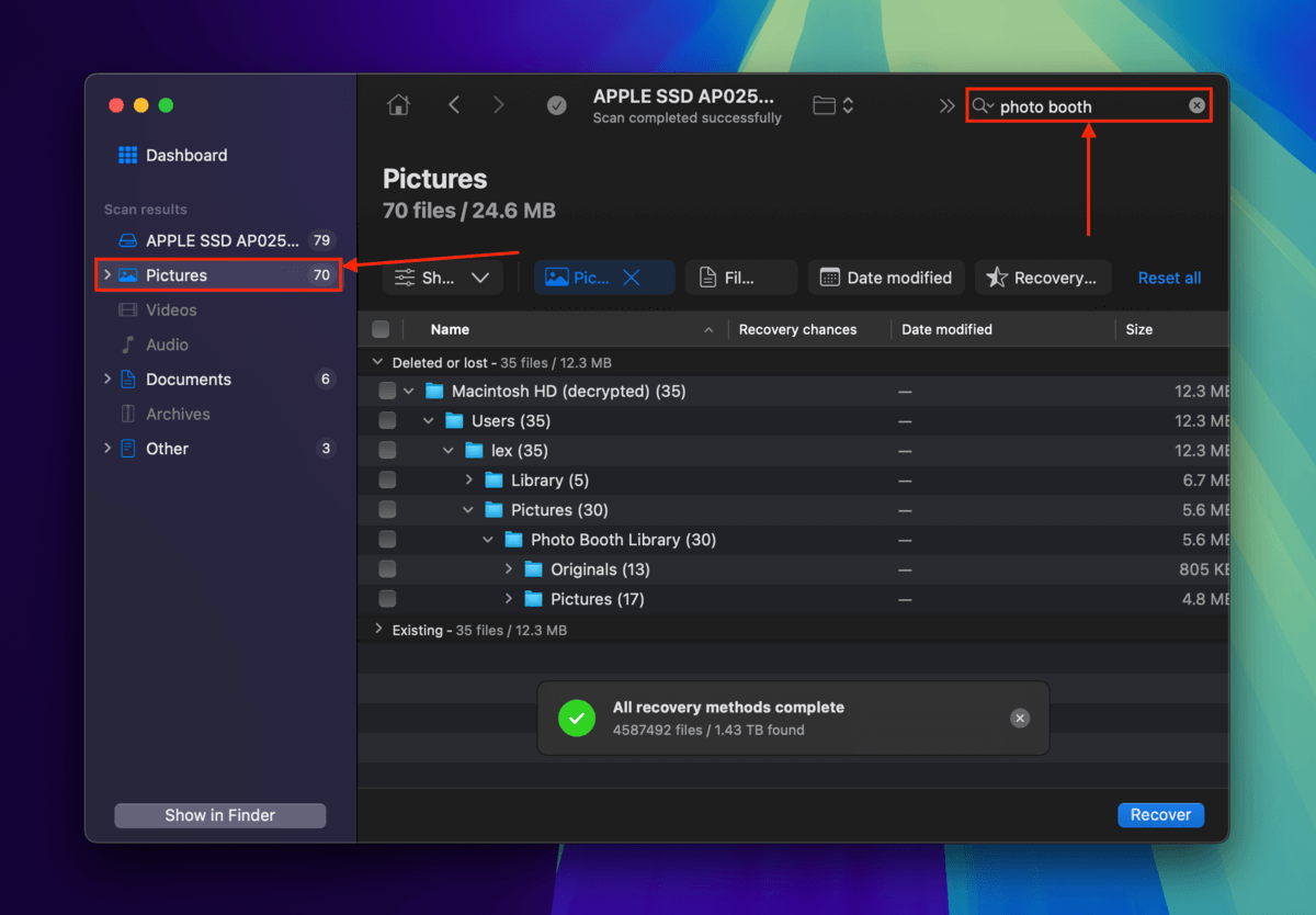 Using Disk Drill's search and filter tools to locate found Photo Booth photos and videos