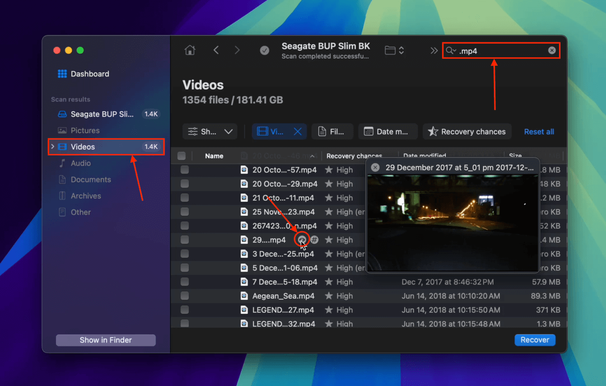 Using Disk Drill's filter, search, and preview tools on an external hard drive's found files