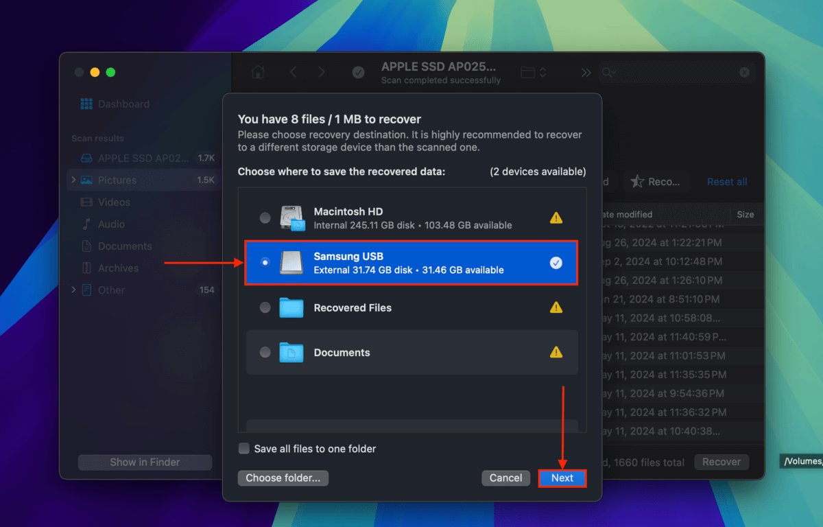 Disk Drill save folder selection menu