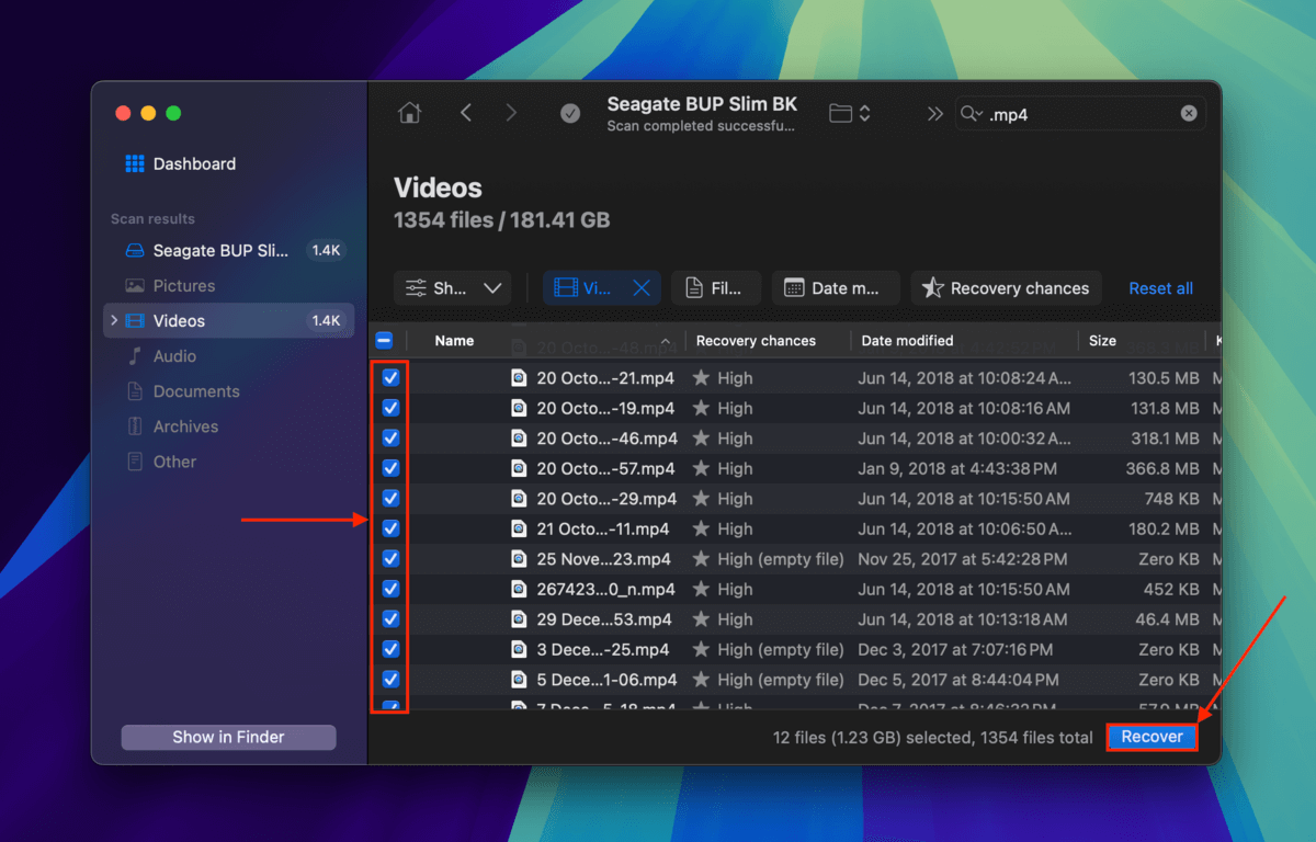 Disk Drill file selection column and Recover button